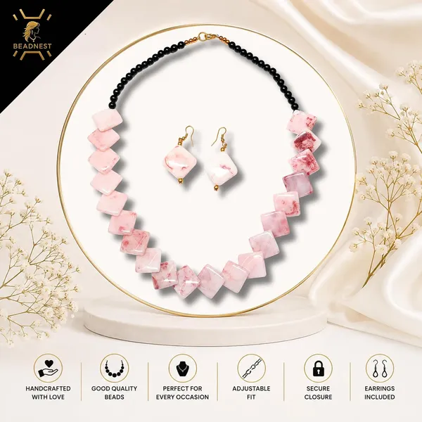 Zigzag_Kite_Bead_Necklace_Earrings_Set_For_Women_Hot_Pink_Boho_Tribal_Geometric_Statement_Jewellery_Acrylic_Stone_Look_Beads_Navratri_Diwali_Party_Gift