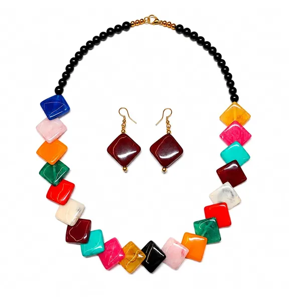 Zigzag_Kite_Bead_Necklace_Earrings_Set_For_Women_Hot_Pink_Boho_Tribal_Geometric_Statement_Jewellery_Acrylic_Stone_Look_Beads_Navratri_Diwali_Party_Gift
