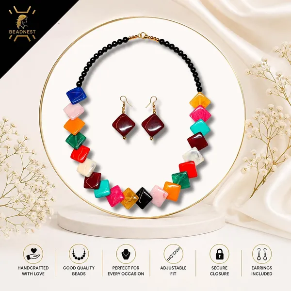 Zigzag_Kite_Bead_Necklace_Earrings_Set_For_Women_Hot_Pink_Boho_Tribal_Geometric_Statement_Jewellery_Acrylic_Stone_Look_Beads_Navratri_Diwali_Party_Gift