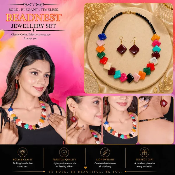 Zigzag_Kite_Bead_Necklace_Earrings_Set_For_Women_Hot_Pink_Boho_Tribal_Geometric_Statement_Jewellery_Acrylic_Stone_Look_Beads_Navratri_Diwali_Party_Gift