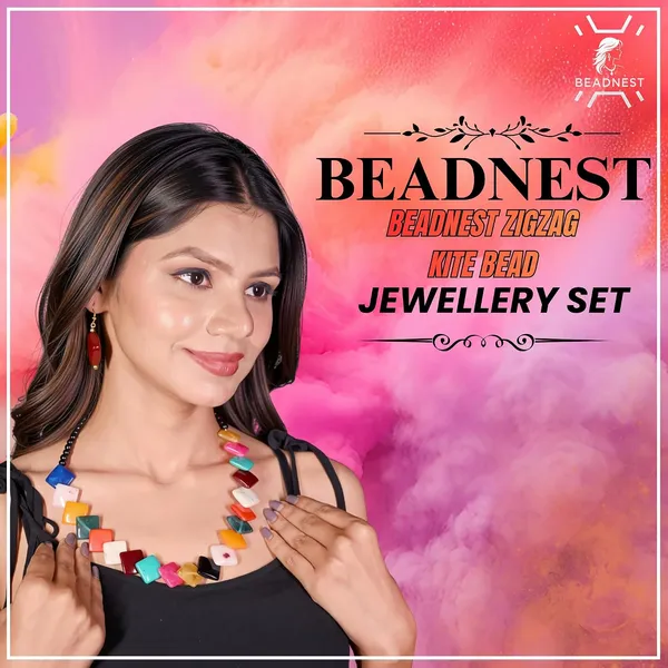 Zigzag_Kite_Bead_Necklace_Earrings_Set_For_Women_Hot_Pink_Boho_Tribal_Geometric_Statement_Jewellery_Acrylic_Stone_Look_Beads_Navratri_Diwali_Party_Gift