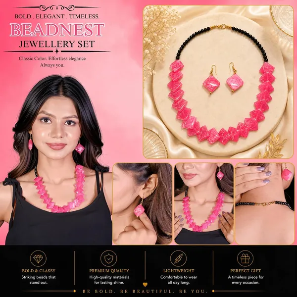 Zigzag_Kite_Bead_Necklace_Earrings_Set_For_Women_Hot_Pink_Boho_Tribal_Geometric_Statement_Jewellery_Acrylic_Stone_Look_Beads_Navratri_Diwali_Party_Gift