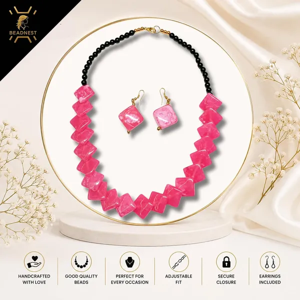 Zigzag_Kite_Bead_Necklace_Earrings_Set_For_Women_Hot_Pink_Boho_Tribal_Geometric_Statement_Jewellery_Acrylic_Stone_Look_Beads_Navratri_Diwali_Party_Gift