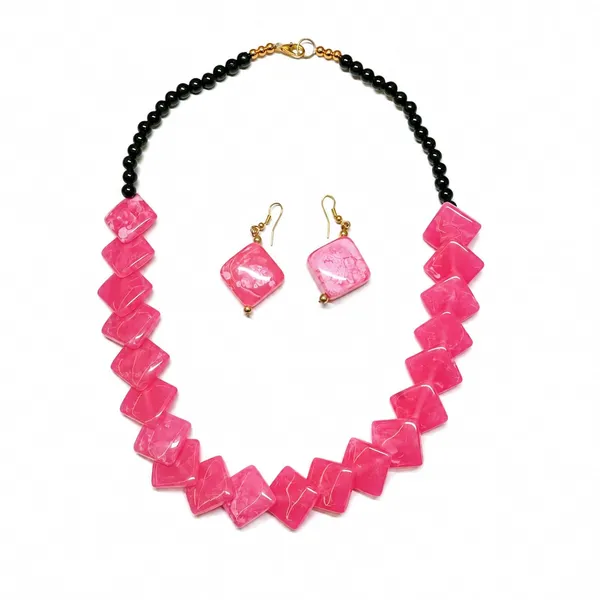 Zigzag_Kite_Bead_Necklace_Earrings_Set_For_Women_Hot_Pink_Boho_Tribal_Geometric_Statement_Jewellery_Acrylic_Stone_Look_Beads_Navratri_Diwali_Party_Gift