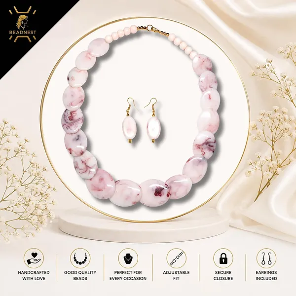 Boulder_Marble_Bead_Necklace_Earrings_Set_For_Women_Chunky_Multicolour_Boho_Statement_Jewellery_Bold_Oval_Stone_Look_Beads_Navratri_Diwali_Party_Gift