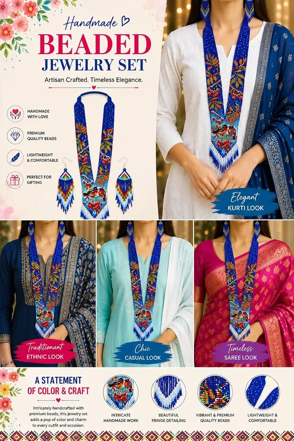 Chandair_Peacock_Handcrafted_Nature_Wildlife_Seed_Bead_Necklace_Earring_Set_Tribal_Boho_Long_Beaded_Jewellery_Ethnic_Statement_Necklace_For_Women_Navratri_Diwali_Gift