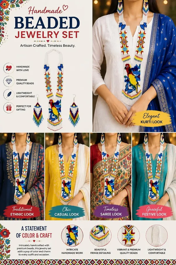 Chandair_Peacock_Handcrafted_Nature_Wildlife_Seed_Bead_Necklace_Earring_Set_Tribal_Boho_Long_Beaded_Jewellery_Ethnic_Statement_Necklace_For_Women_Navratri_Diwali_Gift