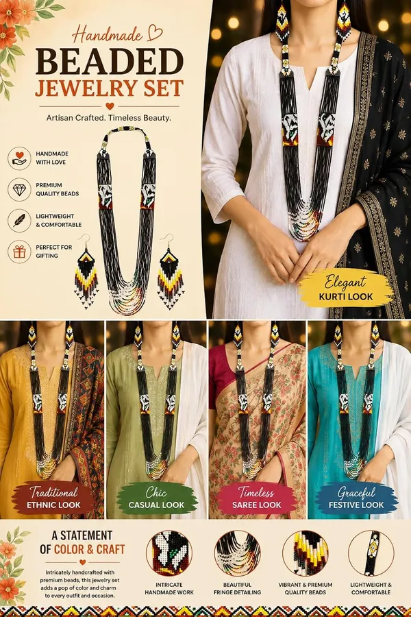 Chandair_Peacock_Handcrafted_Nature_Wildlife_Seed_Bead_Necklace_Earring_Set_Tribal_Boho_Long_Beaded_Jewellery_Ethnic_Statement_Necklace_For_Women_Navratri_Diwali_Gift