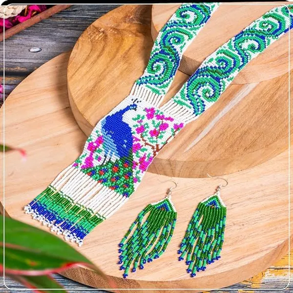 Chandair_Peacock_Handcrafted_Nature_Wildlife_Seed_Bead_Necklace_Earring_Set_Tribal_Boho_Long_Beaded_Jewellery_Ethnic_Statement_Necklace_For_Women_Navratri_Diwali_Gift