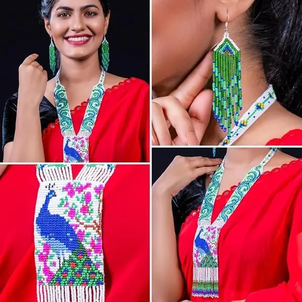 Chandair_Peacock_Handcrafted_Nature_Wildlife_Seed_Bead_Necklace_Earring_Set_Tribal_Boho_Long_Beaded_Jewellery_Ethnic_Statement_Necklace_For_Women_Navratri_Diwali_Gift
