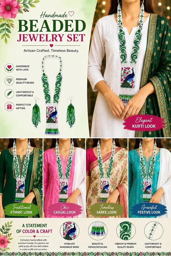 Chandair_Peacock_Handcrafted_Nature_Wildlife_Seed_Bead_Necklace_Earring_Set_Tribal_Boho_Long_Beaded_Jewellery_Ethnic_Statement_Necklace_For_Women_Navratri_Diwali_Gift