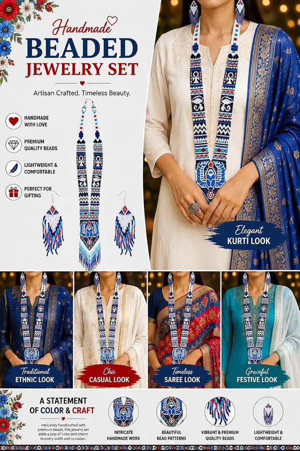 Chandair_Peacock_Handcrafted_Nature_Wildlife_Seed_Bead_Necklace_Earring_Set_Tribal_Boho_Long_Beaded_Jewellery_Ethnic_Statement_Necklace_For_Women_Navratri_Diwali_Gift