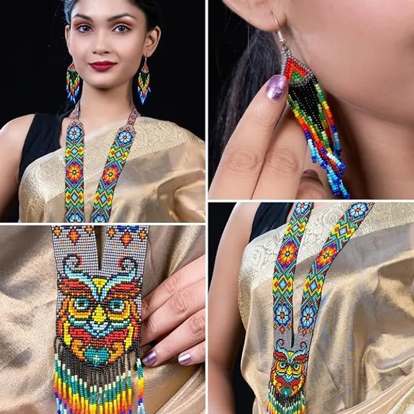 Chandair_Peacock_Handcrafted_Nature_Wildlife_Seed_Bead_Necklace_Earring_Set_Tribal_Boho_Long_Beaded_Jewellery_Ethnic_Statement_Necklace_For_Women_Navratri_Diwali_Gift