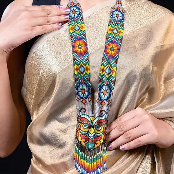 Chandair_Peacock_Handcrafted_Nature_Wildlife_Seed_Bead_Necklace_Earring_Set_Tribal_Boho_Long_Beaded_Jewellery_Ethnic_Statement_Necklace_For_Women_Navratri_Diwali_Gift