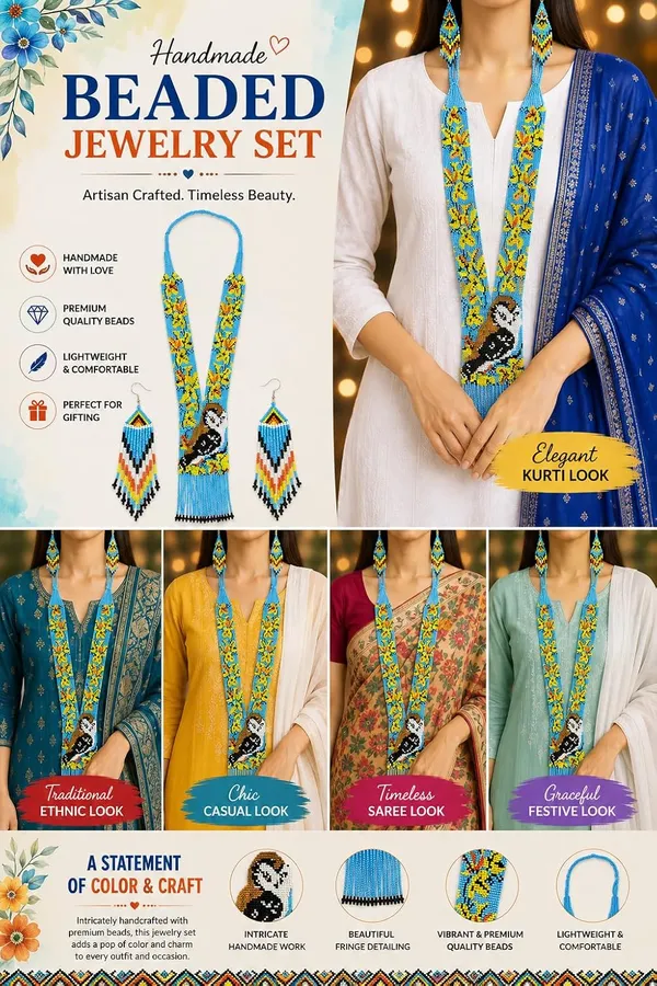 Chandair_Peacock_Handcrafted_Nature_Wildlife_Seed_Bead_Necklace_Earring_Set_Tribal_Boho_Long_Beaded_Jewellery_Ethnic_Statement_Necklace_For_Women_Navratri_Diwali_Gift