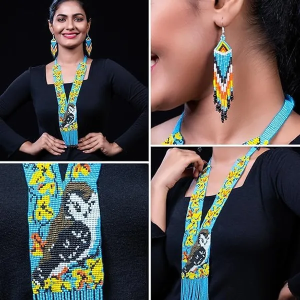 Chandair_Peacock_Handcrafted_Nature_Wildlife_Seed_Bead_Necklace_Earring_Set_Tribal_Boho_Long_Beaded_Jewellery_Ethnic_Statement_Necklace_For_Women_Navratri_Diwali_Gift