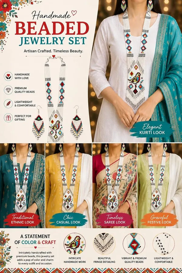 Chandair_Peacock_Handcrafted_Nature_Wildlife_Seed_Bead_Necklace_Earring_Set_Tribal_Boho_Long_Beaded_Jewellery_Ethnic_Statement_Necklace_For_Women_Navratri_Diwali_Gift