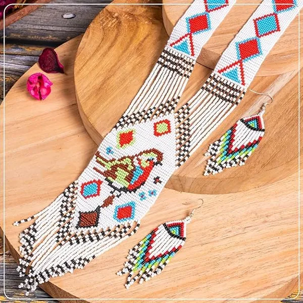 Chandair_Peacock_Handcrafted_Nature_Wildlife_Seed_Bead_Necklace_Earring_Set_Tribal_Boho_Long_Beaded_Jewellery_Ethnic_Statement_Necklace_For_Women_Navratri_Diwali_Gift