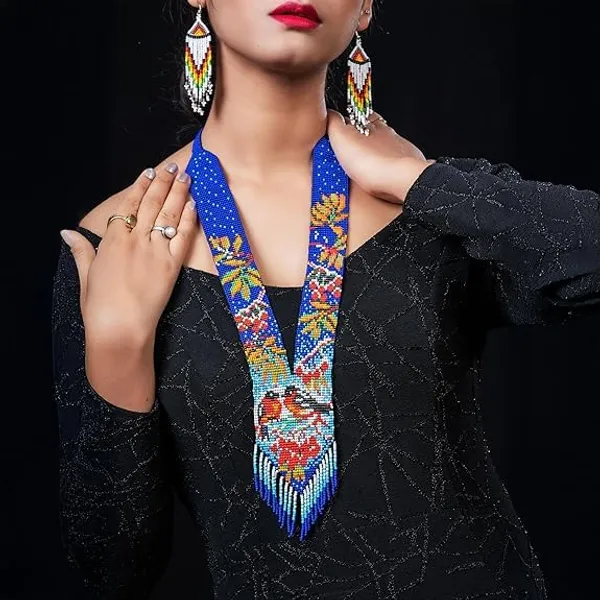 Chandair_Peacock_Handcrafted_Nature_Wildlife_Seed_Bead_Necklace_Earring_Set_Tribal_Boho_Long_Beaded_Jewellery_Ethnic_Statement_Necklace_For_Women_Navratri_Diwali_Gift