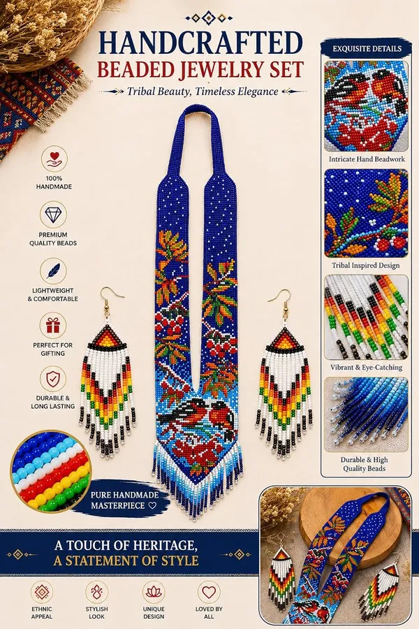 Chandair_Peacock_Handcrafted_Nature_Wildlife_Seed_Bead_Necklace_Earring_Set_Tribal_Boho_Long_Beaded_Jewellery_Ethnic_Statement_Necklace_For_Women_Navratri_Diwali_Gift