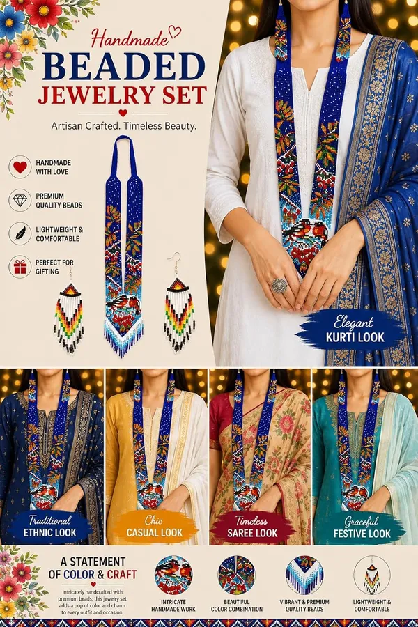 Chandair_Peacock_Handcrafted_Nature_Wildlife_Seed_Bead_Necklace_Earring_Set_Tribal_Boho_Long_Beaded_Jewellery_Ethnic_Statement_Necklace_For_Women_Navratri_Diwali_Gift