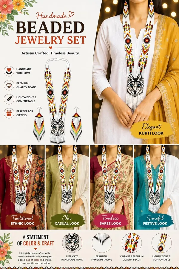 Chandair_Peacock_Handcrafted_Nature_Wildlife_Seed_Bead_Necklace_Earring_Set_Tribal_Boho_Long_Beaded_Jewellery_Ethnic_Statement_Necklace_For_Women_Navratri_Diwali_Gift