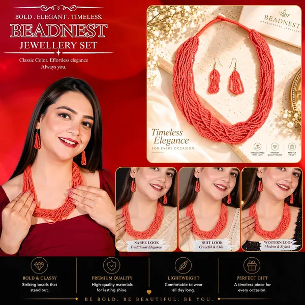 Product_Summary_Beadnest_Multi_Strand_Seed_Bead_Cascade_Necklace_Earrings_Set_Available_In_12_Vibrant_Colours_Handmade_Boho_Layered_Statement_Jewellery_For_Women_Adjustable_Ethnic_Tribal_Necklace_For_Festive
