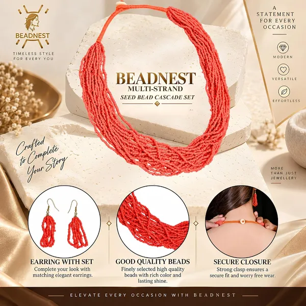 Product_Summary_Beadnest_Multi_Strand_Seed_Bead_Cascade_Necklace_Earrings_Set_Available_In_12_Vibrant_Colours_Handmade_Boho_Layered_Statement_Jewellery_For_Women_Adjustable_Ethnic_Tribal_Necklace_For_Festive