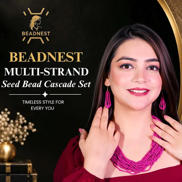 Product_Summary_Beadnest_Multi_Strand_Seed_Bead_Cascade_Necklace_Earrings_Set_Available_In_12_Vibrant_Colours_Handmade_Boho_Layered_Statement_Jewellery_For_Women_Adjustable_Ethnic_Tribal_Necklace_For_Festive