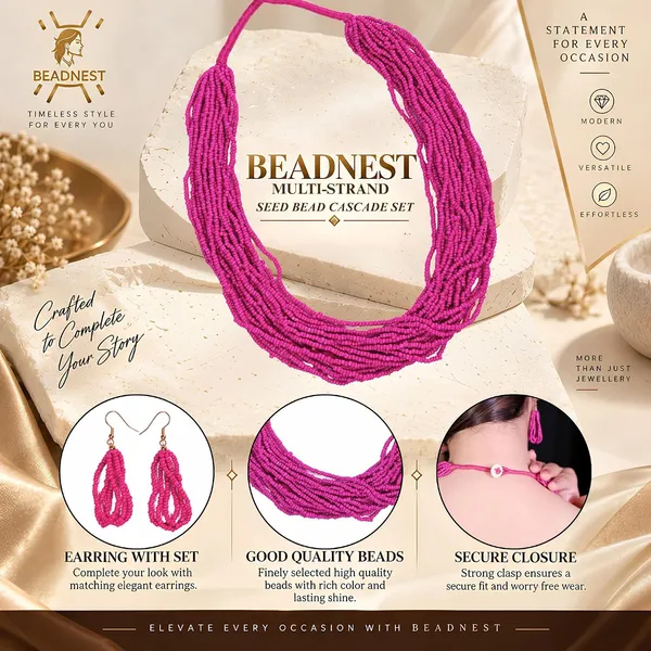 Product_Summary_Beadnest_Multi_Strand_Seed_Bead_Cascade_Necklace_Earrings_Set_Available_In_12_Vibrant_Colours_Handmade_Boho_Layered_Statement_Jewellery_For_Women_Adjustable_Ethnic_Tribal_Necklace_For_Festive