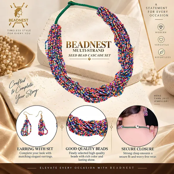 Product_Summary_Beadnest_Multi_Strand_Seed_Bead_Cascade_Necklace_Earrings_Set_Available_In_12_Vibrant_Colours_Handmade_Boho_Layered_Statement_Jewellery_For_Women_Adjustable_Ethnic_Tribal_Necklace_For_Festive