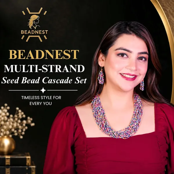 Product_Summary_Beadnest_Multi_Strand_Seed_Bead_Cascade_Necklace_Earrings_Set_Available_In_12_Vibrant_Colours_Handmade_Boho_Layered_Statement_Jewellery_For_Women_Adjustable_Ethnic_Tribal_Necklace_For_Festive
