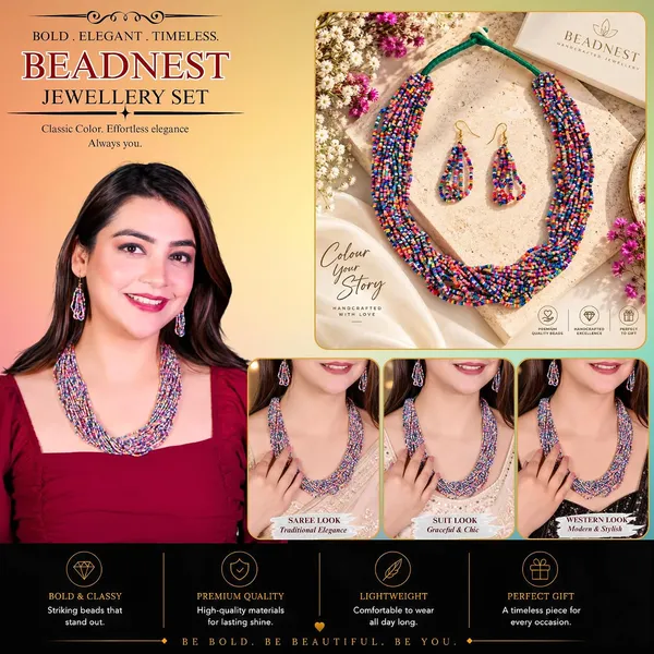 Product_Summary_Beadnest_Multi_Strand_Seed_Bead_Cascade_Necklace_Earrings_Set_Available_In_12_Vibrant_Colours_Handmade_Boho_Layered_Statement_Jewellery_For_Women_Adjustable_Ethnic_Tribal_Necklace_For_Festive