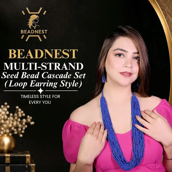 Product_Summary_Beadnest_Multi_Strand_Seed_Bead_Cascade_Necklace_Earrings_Set_With_Loop_Drop_Earrings_Available_In_12_Vibrant_Colours_Handmade_Boho_Layered_Statement_Jewellery_For_Women_Adjustable_Ethnic_Necklace