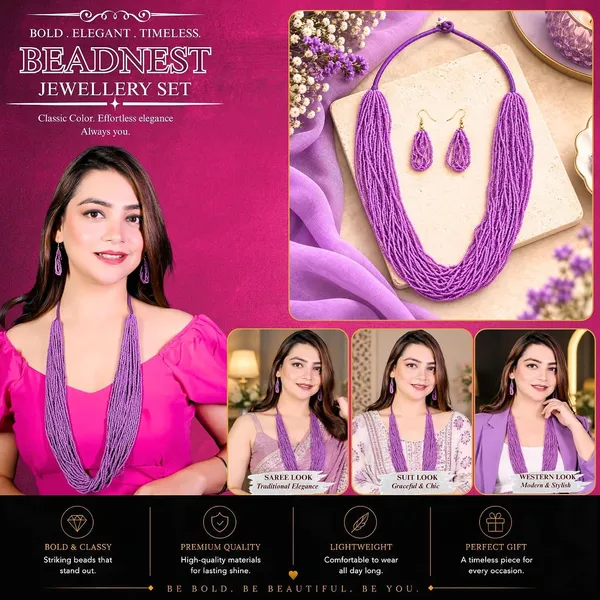 Multi_Strand_Seed_Bead_Cascade_Necklace_Earrings_Set_With_Loop_Drop_Earrings_Available_In_12_Vibrant_Colours_Handmade_Boho_Layered_Statement_Jewellery_For_Women_Adjustable_Ethnic_Necklace