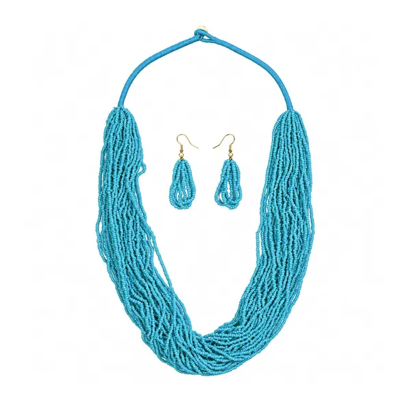 Multi_Strand_Seed_Bead_Cascade_Necklace_Earrings_Set_With_Loop_Drop_Earrings_Available_In_12_Vibrant_Colours_Handmade_Boho_Layered_Statement_Jewellery_For_Women_Adjustable_Ethnic_Necklace