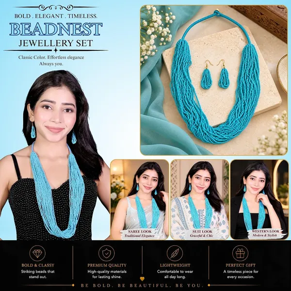 Multi_Strand_Seed_Bead_Cascade_Necklace_Earrings_Set_With_Loop_Drop_Earrings_Available_In_12_Vibrant_Colours_Handmade_Boho_Layered_Statement_Jewellery_For_Women_Adjustable_Ethnic_Necklace