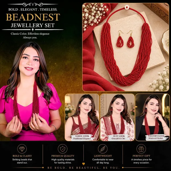 Multi_Strand_Seed_Bead_Cascade_Necklace_Earrings_Set_With_Loop_Drop_Earrings_Available_In_12_Vibrant_Colours_Handmade_Boho_Layered_Statement_Jewellery_For_Women_Adjustable_Ethnic_Necklace