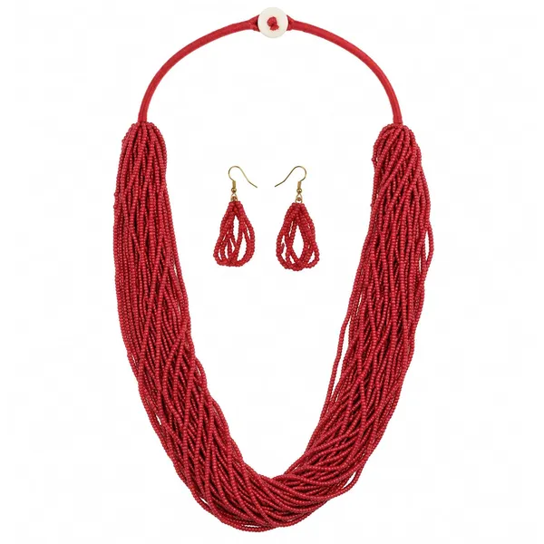 Multi_Strand_Seed_Bead_Cascade_Necklace_Earrings_Set_With_Loop_Drop_Earrings_Available_In_12_Vibrant_Colours_Handmade_Boho_Layered_Statement_Jewellery_For_Women_Adjustable_Ethnic_Necklace