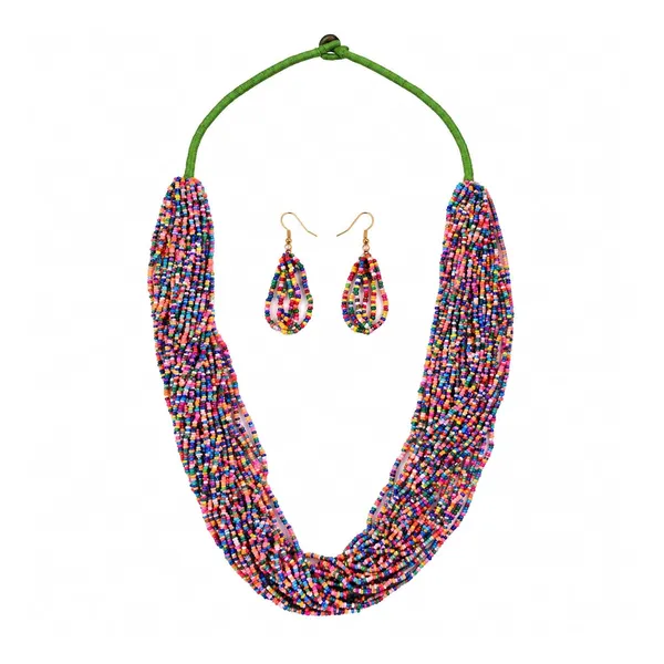 Multi_Strand_Seed_Bead_Cascade_Necklace_Earrings_Set_With_Loop_Drop_Earrings_Available_In_12_Vibrant_Colours_Handmade_Boho_Layered_Statement_Jewellery_For_Women_Adjustable_Ethnic_Necklace