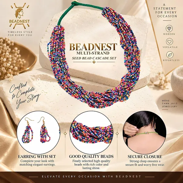 Multi_Strand_Seed_Bead_Cascade_Necklace_Earrings_Set_With_Loop_Drop_Earrings_Available_In_12_Vibrant_Colours_Handmade_Boho_Layered_Statement_Jewellery_For_Women_Adjustable_Ethnic_Necklace