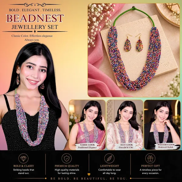 Multi_Strand_Seed_Bead_Cascade_Necklace_Earrings_Set_With_Loop_Drop_Earrings_Available_In_12_Vibrant_Colours_Handmade_Boho_Layered_Statement_Jewellery_For_Women_Adjustable_Ethnic_Necklace