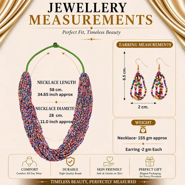Multi_Strand_Seed_Bead_Cascade_Necklace_Earrings_Set_With_Loop_Drop_Earrings_Available_In_12_Vibrant_Colours_Handmade_Boho_Layered_Statement_Jewellery_For_Women_Adjustable_Ethnic_Necklace
