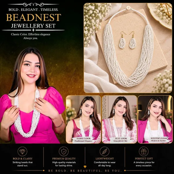 Multi_Strand_Seed_Bead_Cascade_Necklace_Earrings_Set_With_Loop_Drop_Earrings_Available_In_12_Vibrant_Colours_Handmade_Boho_Layered_Statement_Jewellery_For_Women_Adjustable_Ethnic_Necklace