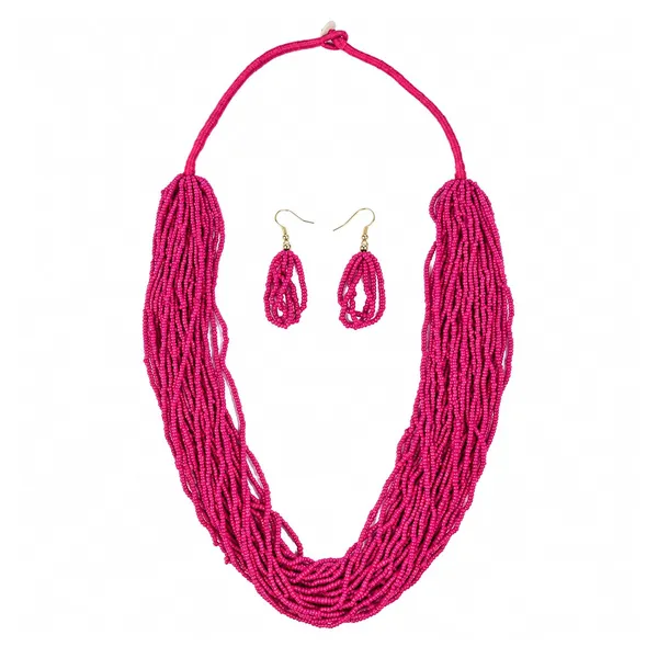 Multi_Strand_Seed_Bead_Cascade_Necklace_Earrings_Set_With_Loop_Drop_Earrings_Available_In_12_Vibrant_Colours_Handmade_Boho_Layered_Statement_Jewellery_For_Women_Adjustable_Ethnic_Necklace