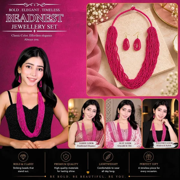 Multi_Strand_Seed_Bead_Cascade_Necklace_Earrings_Set_With_Loop_Drop_Earrings_Available_In_12_Vibrant_Colours_Handmade_Boho_Layered_Statement_Jewellery_For_Women_Adjustable_Ethnic_Necklace