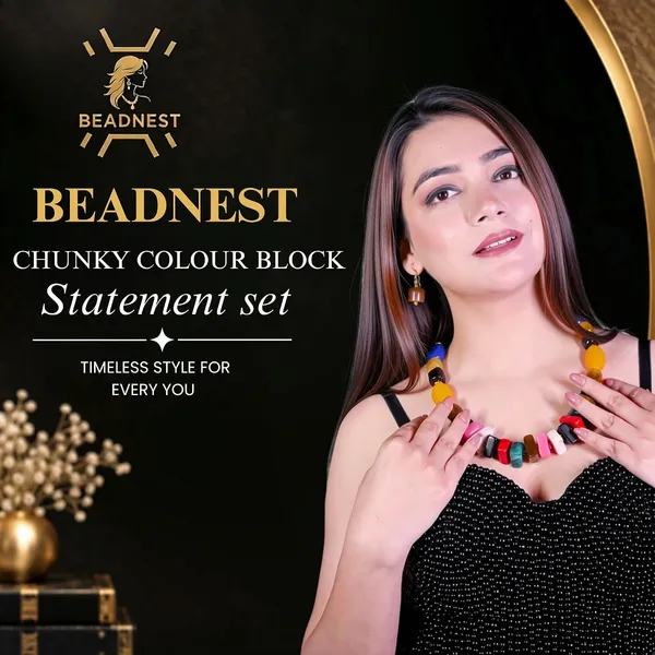 Chunky_Beaded_Colourblock_Statement_Necklace_Earrings_Set_Available_In_12_Vibrant_Colours_Handmade_Resin_Bead_Jewellery_For_Women