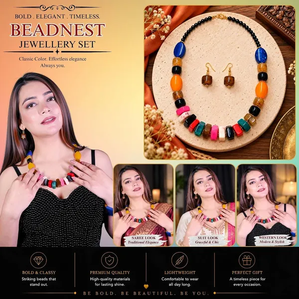 Chunky_Beaded_Colourblock_Statement_Necklace_Earrings_Set_Available_In_12_Vibrant_Colours_Handmade_Resin_Bead_Jewellery_For_Women