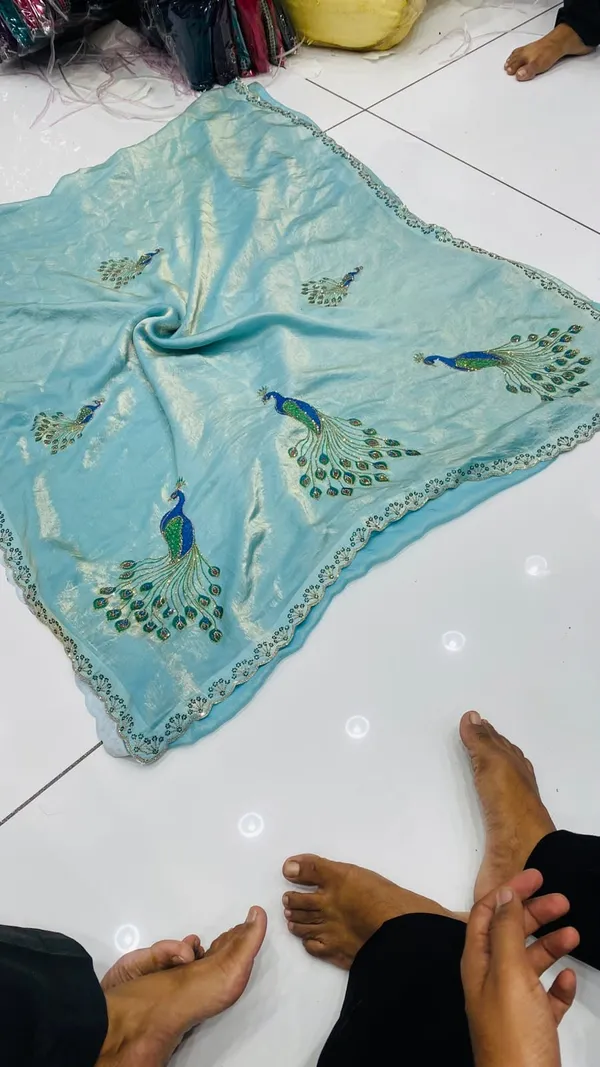 Sky_Blue_Satin_Stone_Work_Peacock_Print_Saree_For_Women