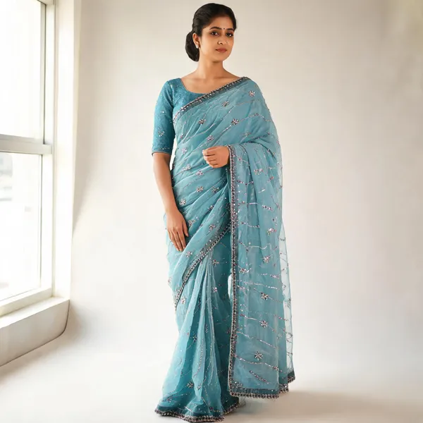 Sky_Blue_Silk_Stone_Work_Saree_For_Women